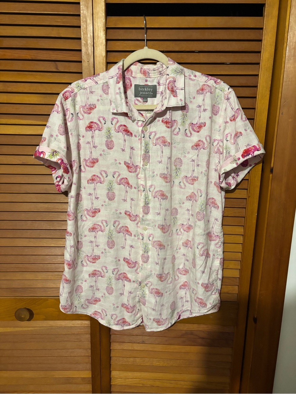Pink Flamingo Print Short-Sleeve Shirt. Styled in 2nd photo